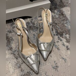 Valentino Silver Crystal V-Logo Slingback Pumps
